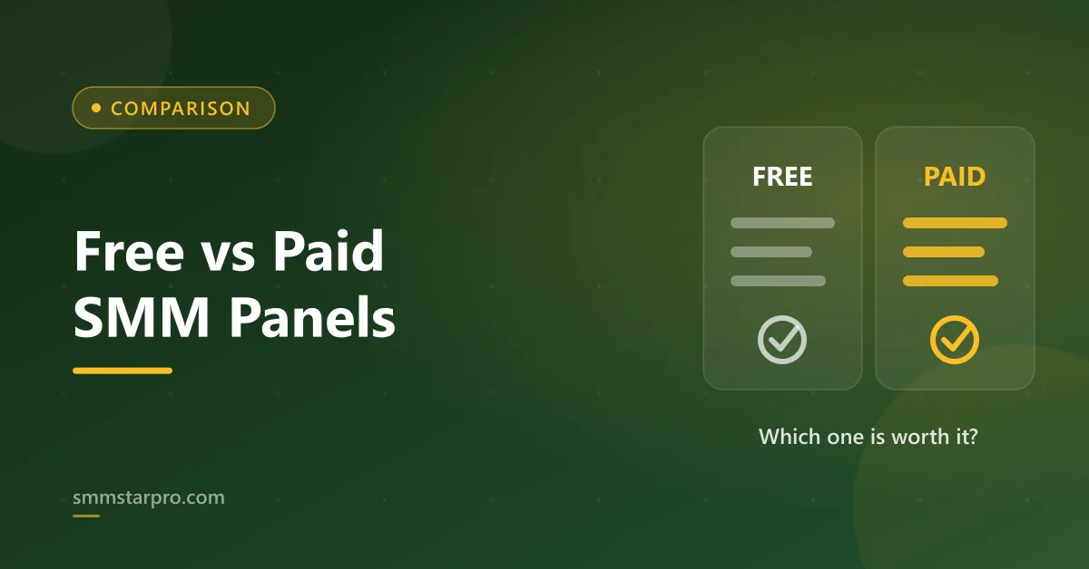 Split comparison graphic weighing free versus paid SMM panels